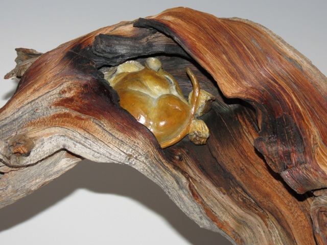 Bronze mouse with leaves and nuthatch on rare bristlecone pine.