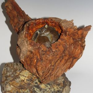 Bronze chipmunk in burl wood mounted on dendrite stone