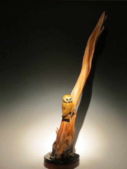 So Close Barn Owl Wood Art Fusion on Base Victoria Parsons Sculpture